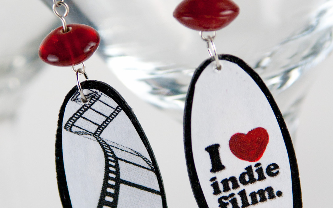 I Heart Indie Film Oval with Red Bead Recycled/Upcycled Earrings